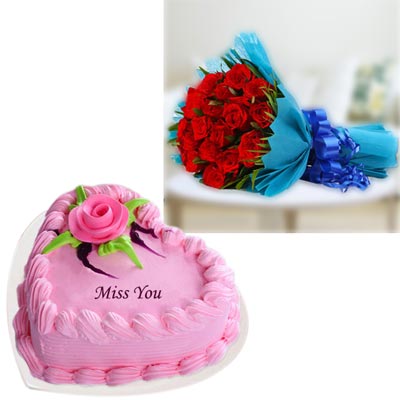 "Heart shape cake -1kg ,12 Red Roses Flower Bunch - Click here to View more details about this Product